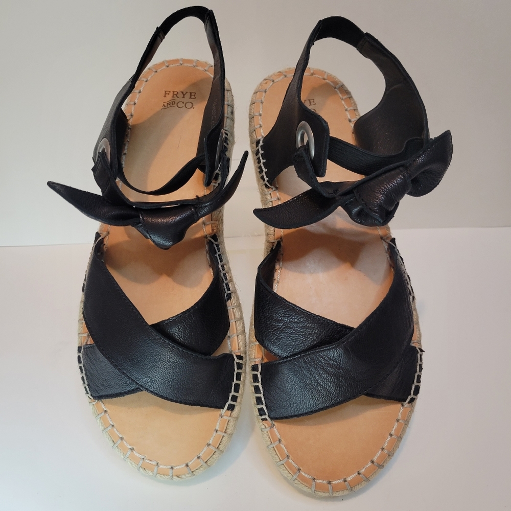 Frye And Co Lula Bow Sandals Leather Espadrille Platform Casual Womens 9 Black